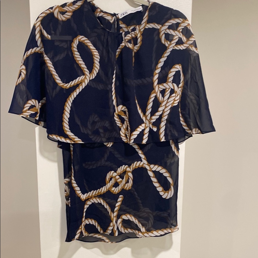 Zara Navy Rope Print sheer blouse size S